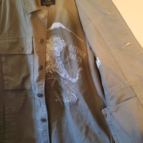 LUCKY BRAND Mens Embroidered Jacket Tiger Military Green Snap Front Pockets - Picture 10 of 16